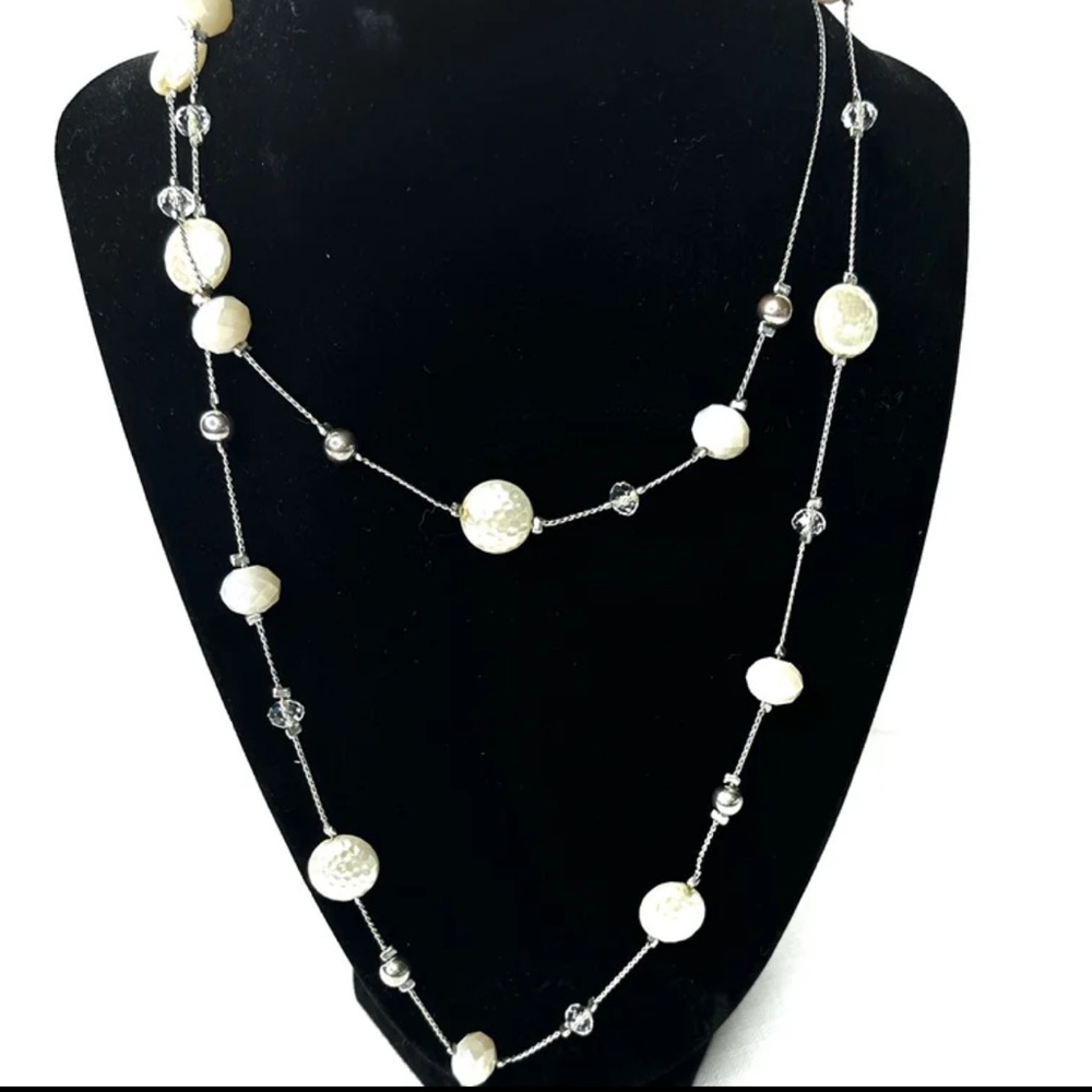 Vintage Silver Tone Long Necklace White Coin Beads Crystal Station Boho Layering